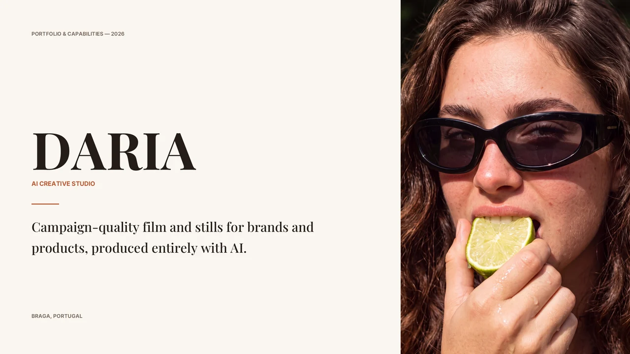 Slide 1 of 27. PORTFOLIO & CAPABILITIES — 2026 · DARIA · AI CREATIVE STUDIO · Campaign-quality film and stills for brands and products, produced entirely with AI. · BRAGA, PORTUGAL