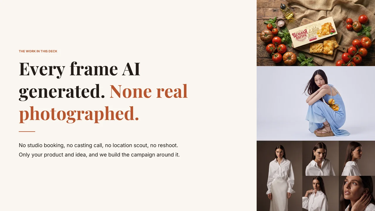 Slide 3 of 27. THE WORK IN THIS DECK · Every frame AI generated. None real photographed. · No studio booking, no casting call, no location scout, no reshoot. · Only your product and idea, and we build the campaign around it.
