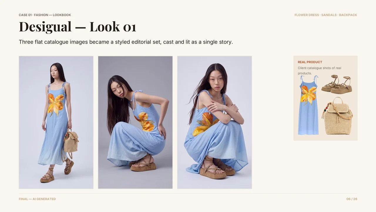 Slide 7 of 27. CASE 01 · FASHION — LOOKBOOK · Desigual — Look 01 · FLOWER DRESS · SANDALS · BACKPACK · Three flat catalogue images became a styled editorial set, cast and lit as a single story. · REAL PRODUCT · Client catalogue shots of real products.
