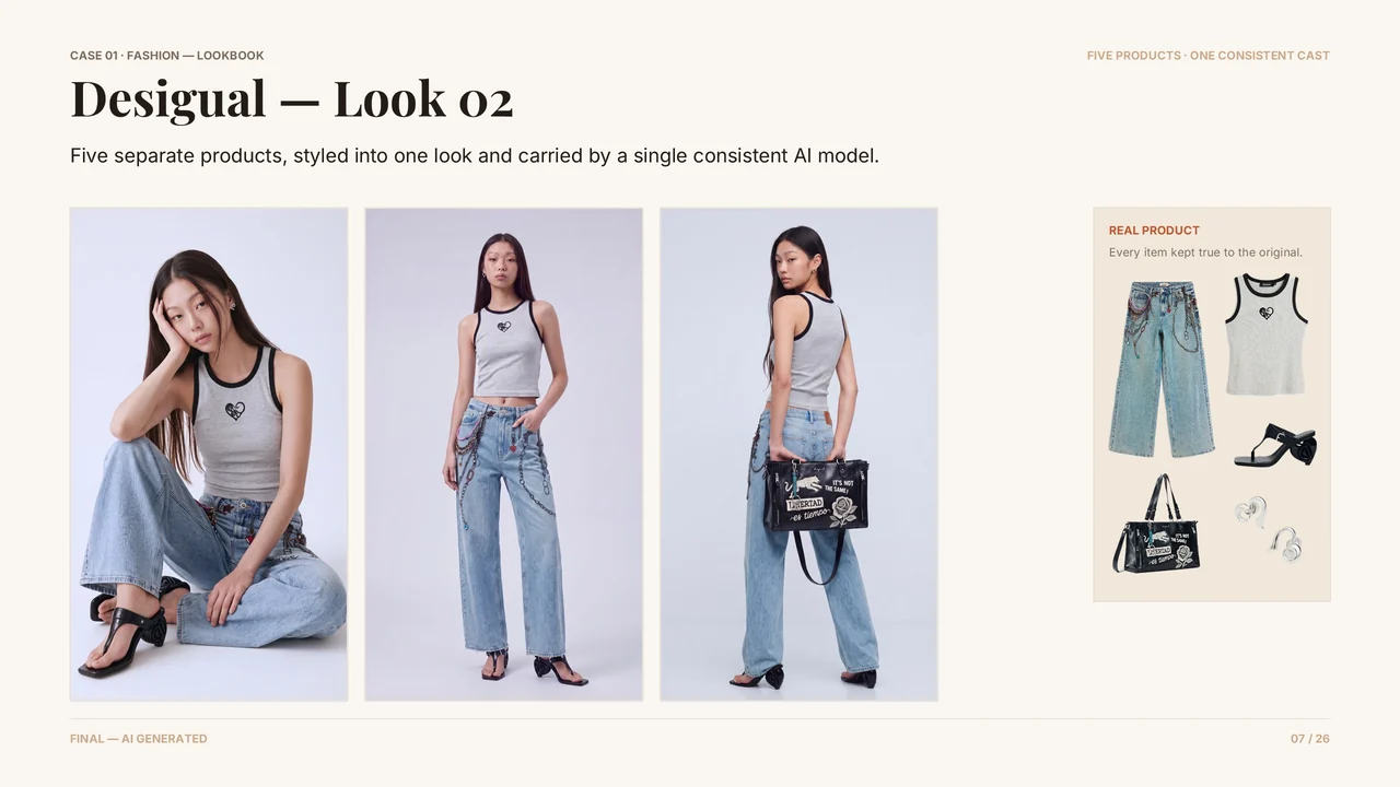 Slide 8 of 27. CASE 01 · FASHION — LOOKBOOK · Desigual — Look 02 · FIVE PRODUCTS · ONE CONSISTENT CAST · Five separate products, styled into one look and carried by a single consistent AI model. · REAL PRODUCT · Every item kept true to the original.