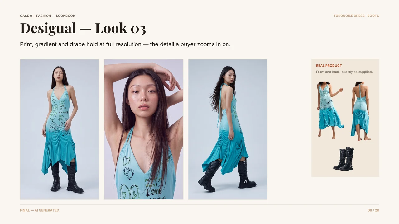 Slide 9 of 27. CASE 01 · FASHION — LOOKBOOK · Desigual — Look 03 · TURQUOISE DRESS · BOOTS · Print, gradient and drape hold at full resolution — the detail a buyer zooms in on. · REAL PRODUCT · Front and back, exactly as supplied.