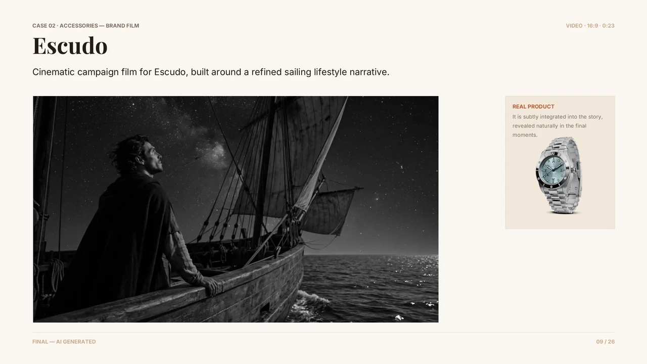 Slide 10 of 27. CASE 02 · ACCESSORIES — BRAND FILM · Escudo · VIDEO · 16:9 · 0:23 · Cinematic campaign film for Escudo, built around a refined sailing lifestyle narrative. · REAL PRODUCT · It is subtly integrated into the story, revealed naturally in the final moments.