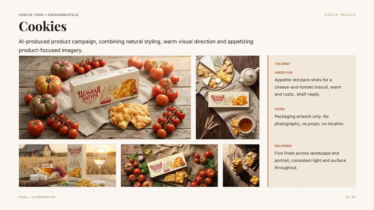 Slide 11 of 27. CASE 03 · FOOD — PACKAGING STILLS · Cookies · 5 STILLS · 16:9 & 2:3 · AI-produced product campaign, combining natural styling, warm visual direction and appetizing product-focused imagery. · THE BRIEF · ASKED FOR · Appetite-led pack shots for a cheese-and-tomato biscuit, warm and rustic, shelf-ready. · GIVEN · Packaging artwork only. No photography, no props, no location. · DELIVERED · Five finals…