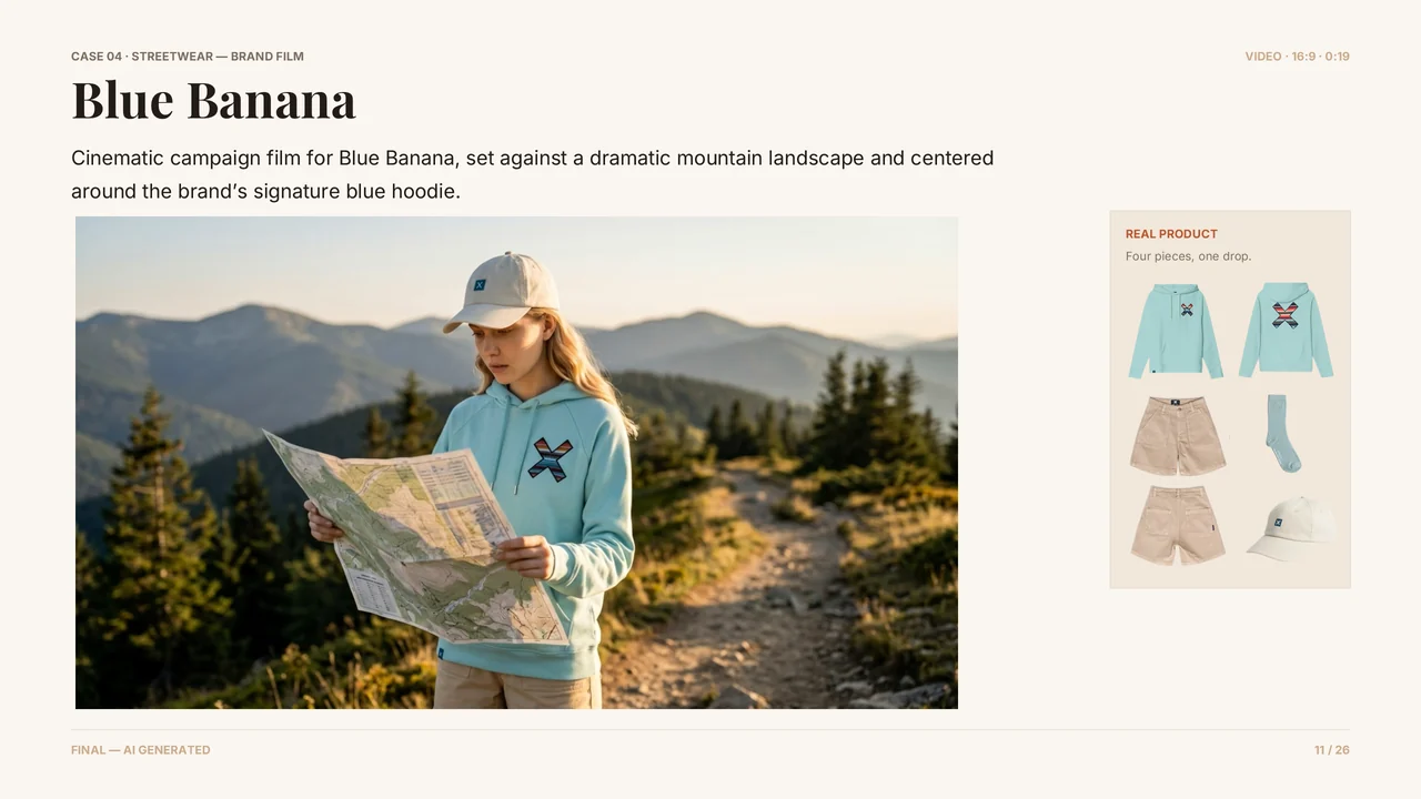 Slide 12 of 27. CASE 04 · STREETWEAR — BRAND FILM · Blue Banana · VIDEO · 16:9 · 0:19 · Cinematic campaign film for Blue Banana, set against a dramatic mountain landscape and centered around the brand’s signature blue hoodie. · REAL PRODUCT · Four pieces, one drop.