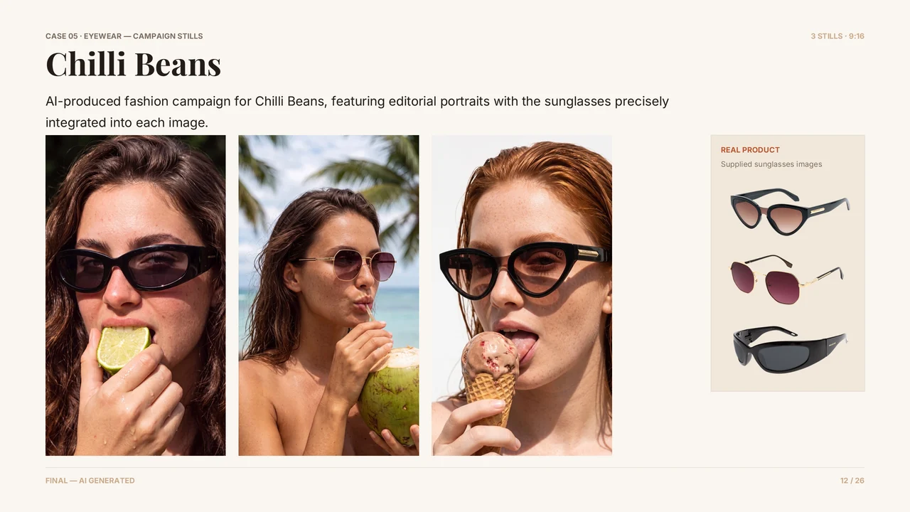 Slide 13 of 27. CASE 05 · EYEWEAR — CAMPAIGN STILLS · Chilli Beans · AI-produced fashion campaign for Chilli Beans, featuring editorial portraits with the sunglasses precisely integrated into each image. · REAL PRODUCT · Supplied sunglasses images · 3 STILLS · 9:16