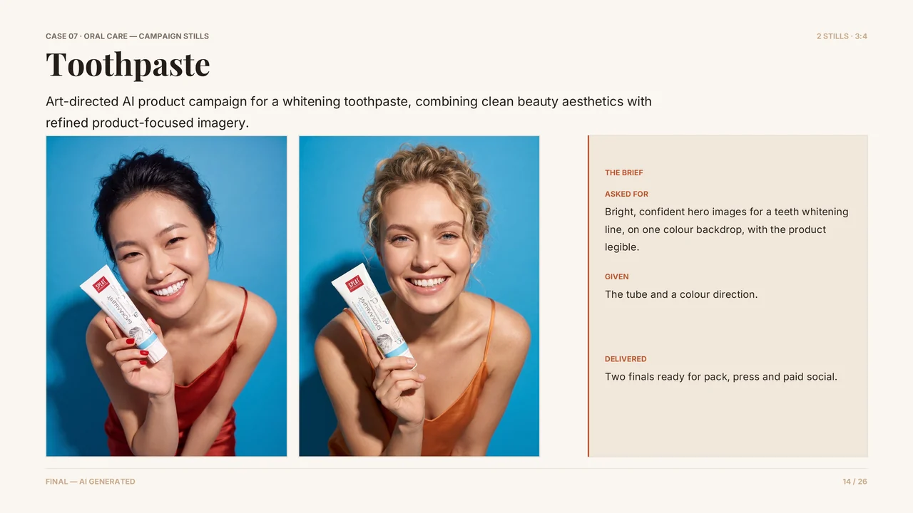 Slide 15 of 27. CASE 07 · ORAL CARE — CAMPAIGN STILLS · Toothpaste · 2 STILLS · 3:4 · Art-directed AI product campaign for a whitening toothpaste, combining clean beauty aesthetics with refined product-focused imagery. · THE BRIEF · ASKED FOR · Bright, confident hero images for a teeth whitening line, on one colour backdrop, with the product legible. · GIVEN · The tube and a colour direction. · DELIVERED · Two…