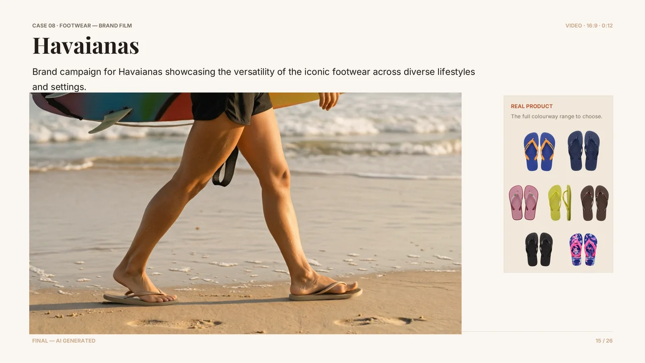 Slide 16 of 27. CASE 08 · FOOTWEAR — BRAND FILM · Havaianas · VIDEO · 16:9 · 0:12 · Brand campaign for Havaianas showcasing the versatility of the iconic footwear across diverse lifestyles and settings. · REAL PRODUCT · The full colourway range to choose.