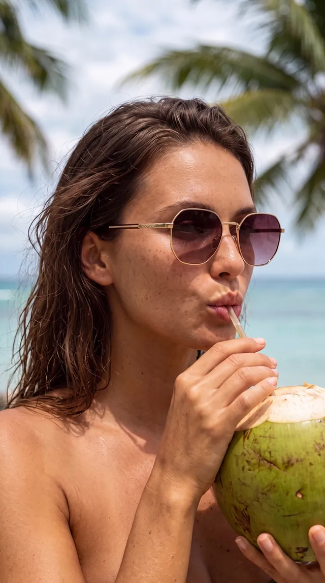AI-generated still: metal-frame sunglasses, a coconut on a beach