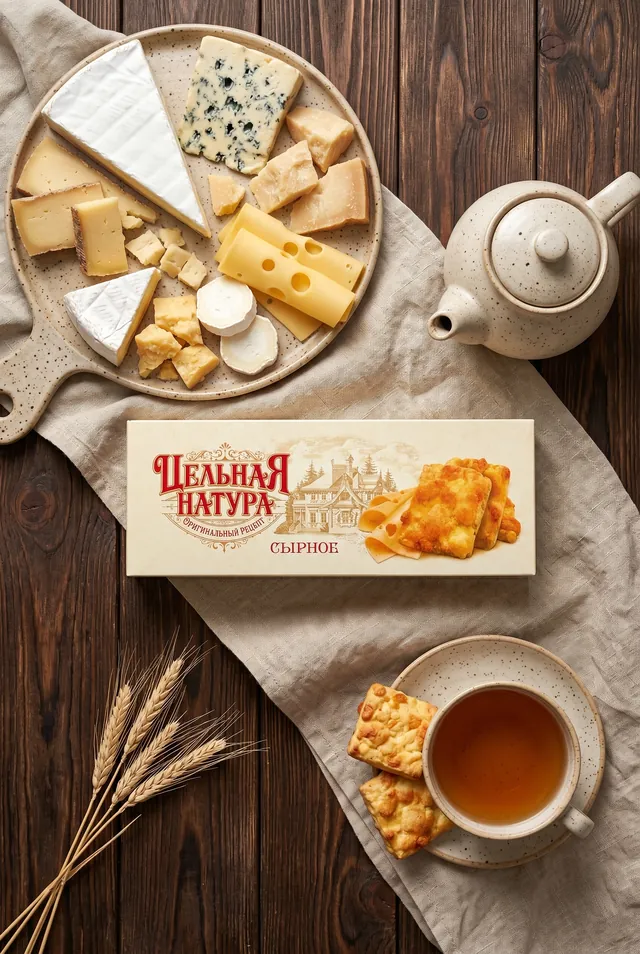AI-generated packaging still: a box of cheese biscuits on linen beside a cheese board and tea