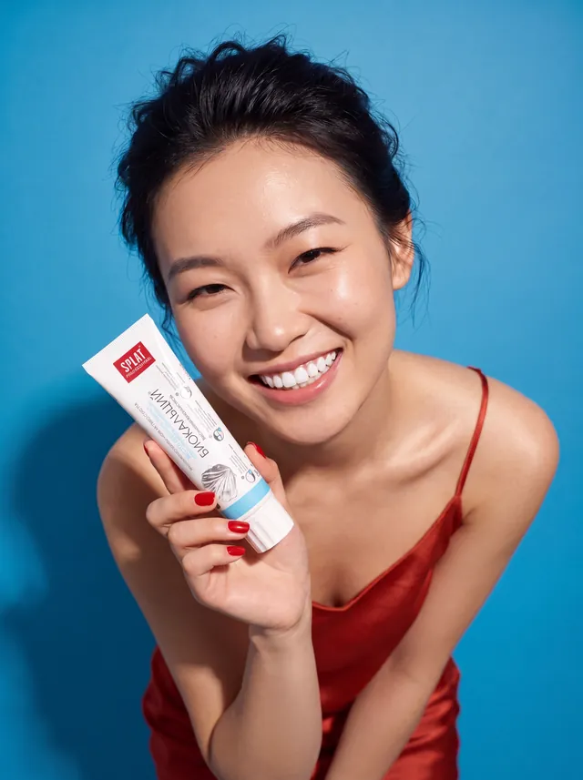 AI-generated still of a smiling woman holding a tube of whitening toothpaste against a blue backdrop