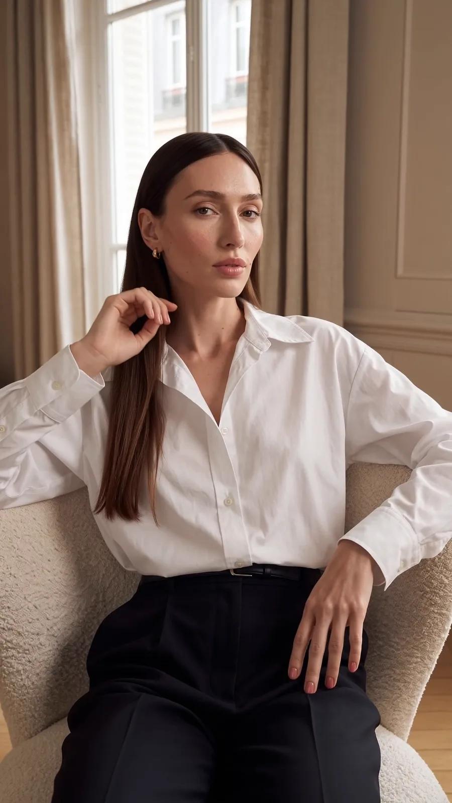Frame from the AI-generated Manucurist film: a woman in a white shirt seated by a window